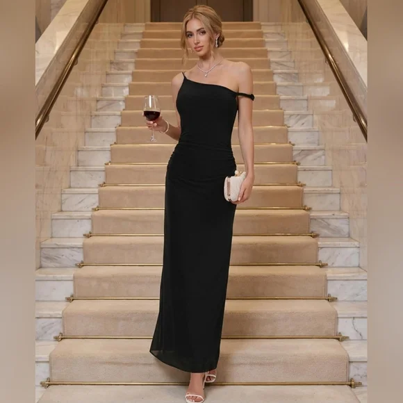 2026 New Release Modal Ruched Twist Strap Maxi Dress – Size Large – Black - Picture 4 of 5